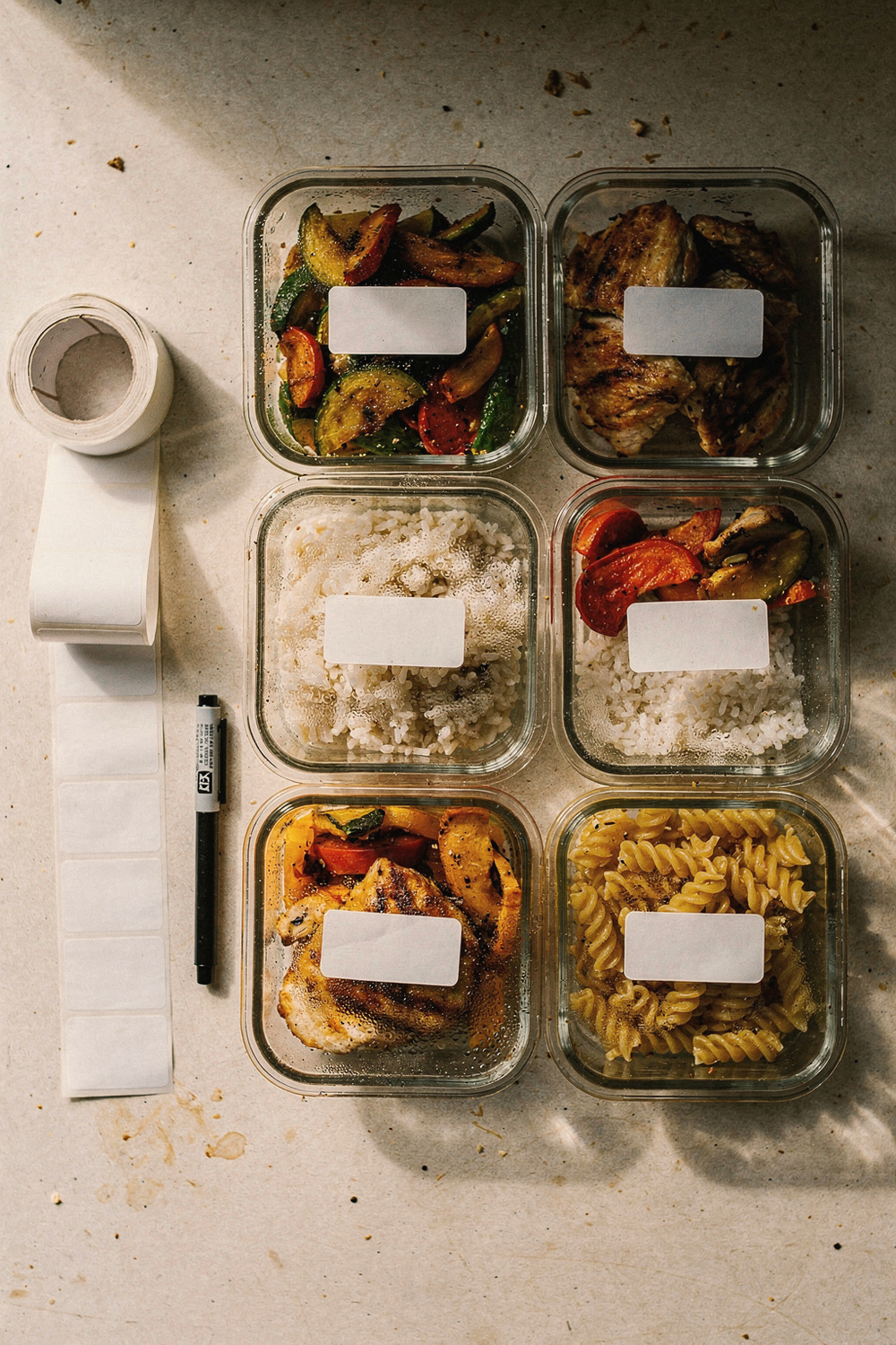 Several labeled glass food storage containers with portioned cooked meals, a roll of freezer labels, and a marker resting beside them. , no text, no logos