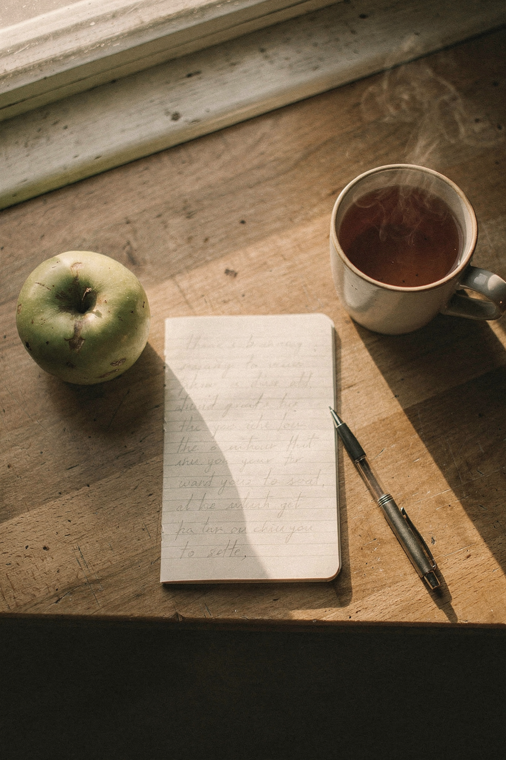 A small lined notebook open with simple handwritten daily notes, a mug of tea, a piece of fruit, and a pen. , no text, no logos
