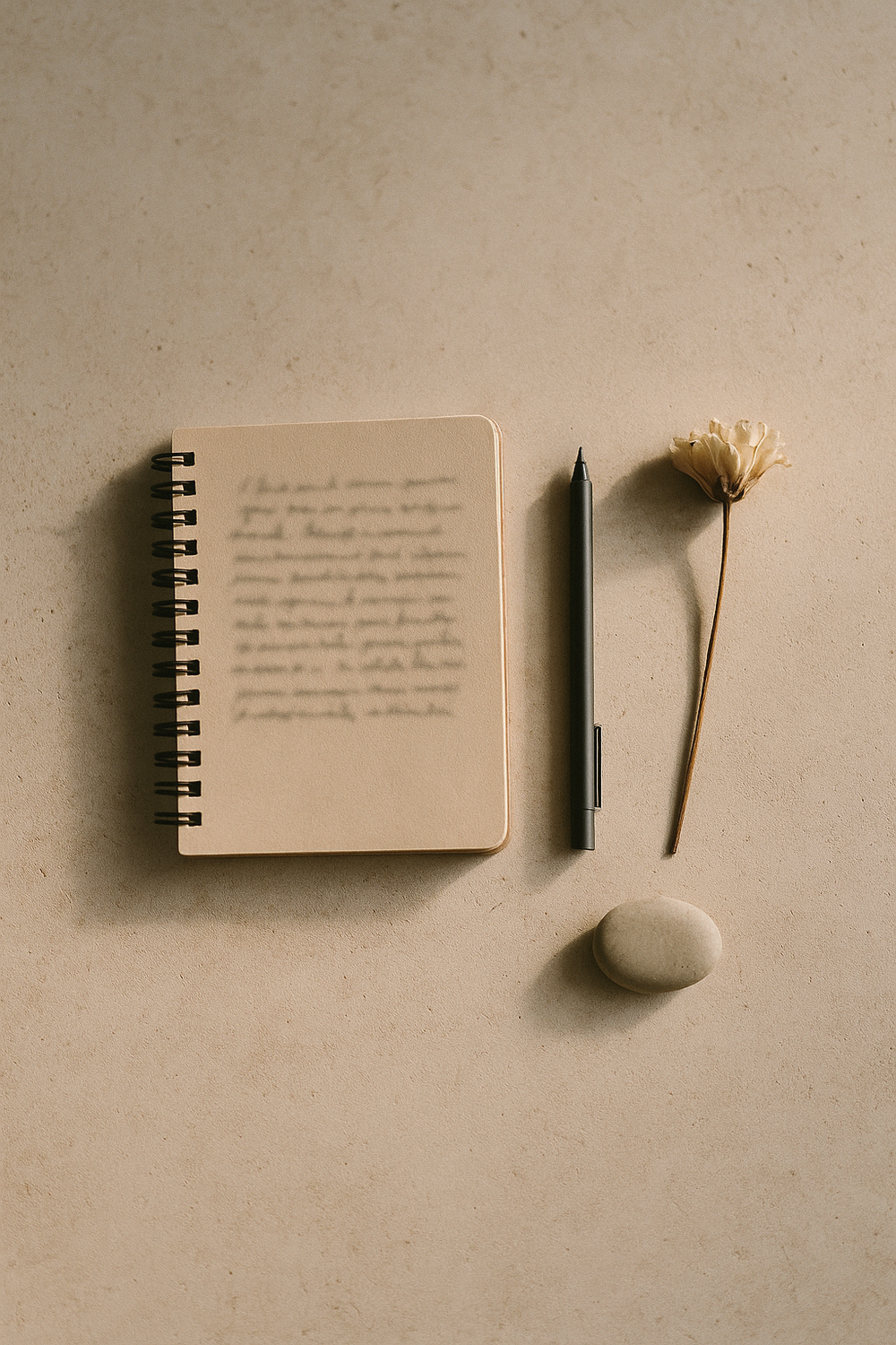 A small spiral journal open to a handwritten page (text too small to read), a fine-tip pen, a single dried flower, and a small stone. No text, no logos, no faces, no hands