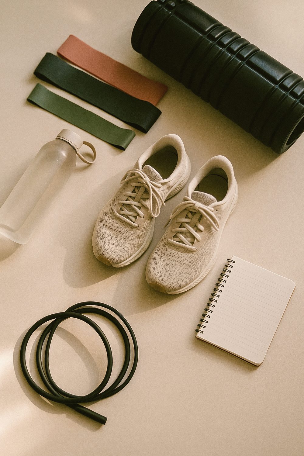 A set of dumbbells resting on a gym floor beside a resistance band, a small notepad with a handwritten workout log next to them. Clean, minimal gym setting with natural light. No faces, no hands, no logos.