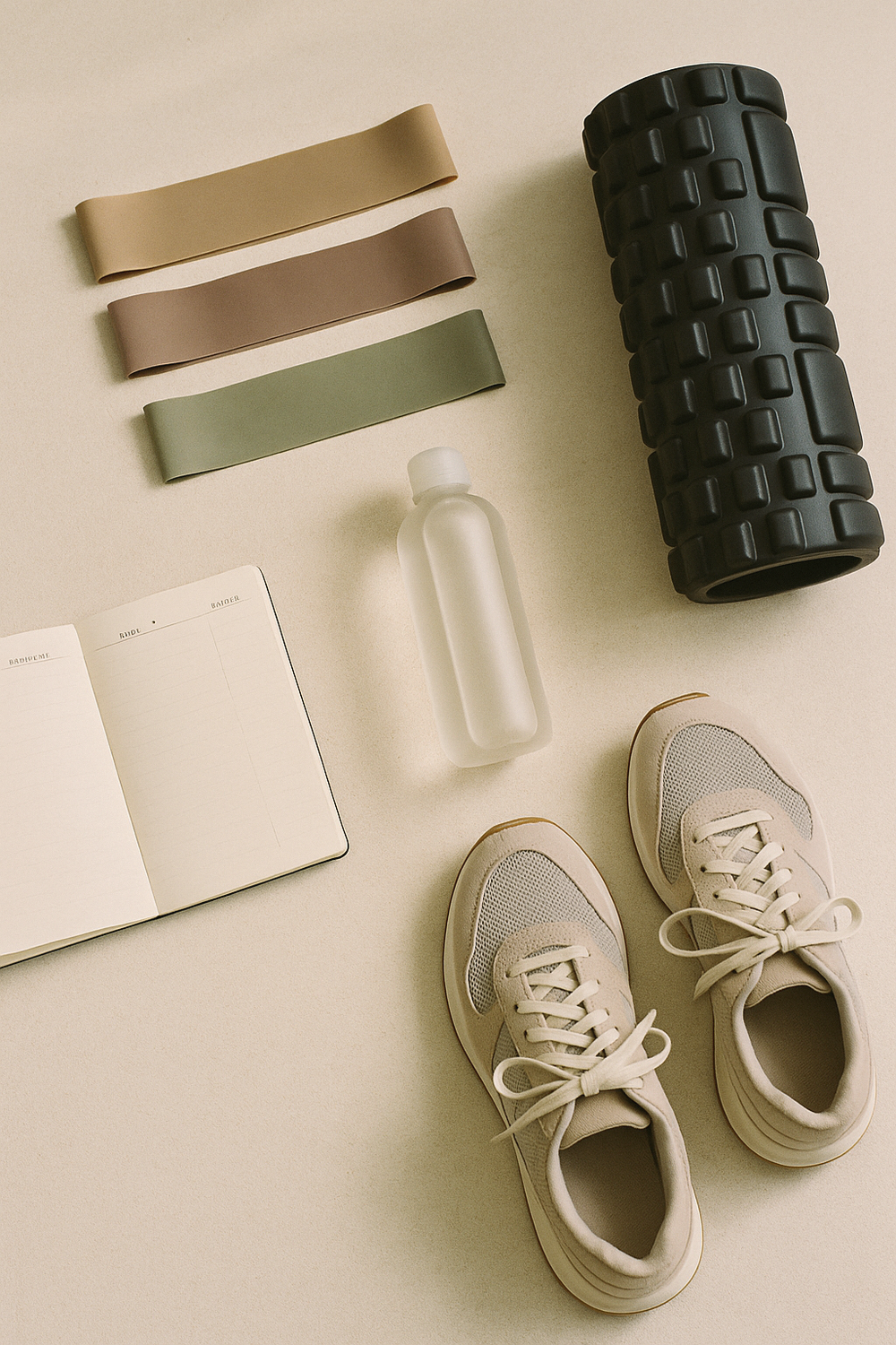 A weekly planner open on a desk with a few workout days marked and rest days noted, a water bottle and a small plant beside it. Soft natural light, calm and uncluttered surface. No faces, no hands, no logos.