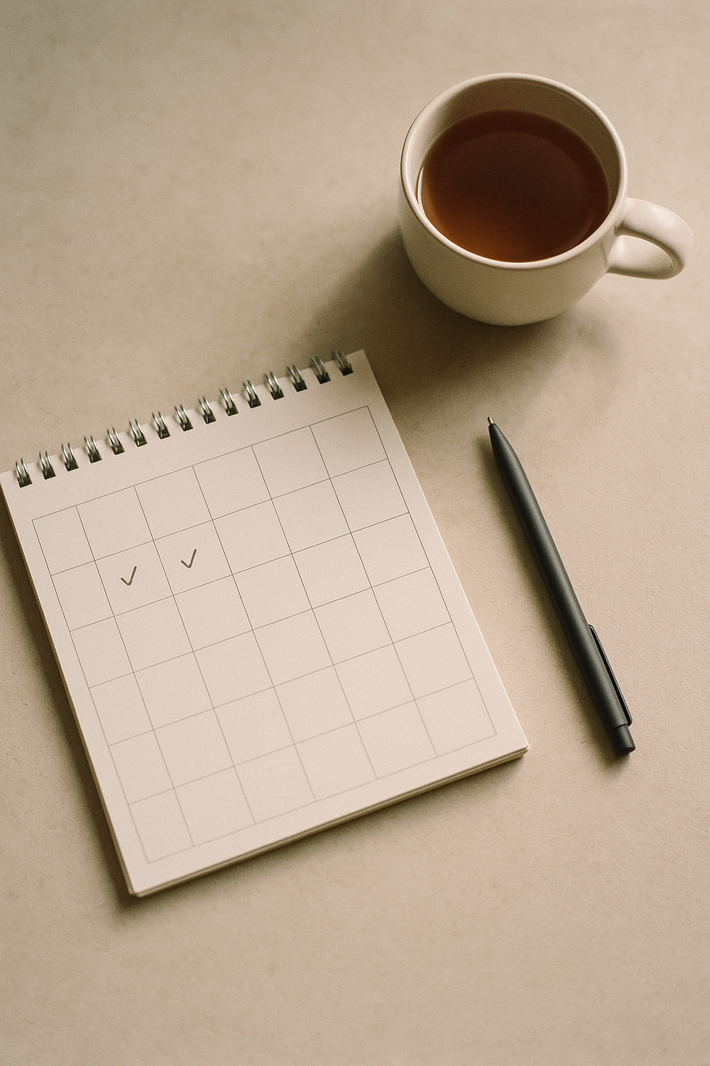 A weekly planner open to a spread with a few workout days circled and rest days marked, a pen resting on the page, a small potted plant in the background. Natural light, calm and tidy desk surface. No faces, no hands, no logos.