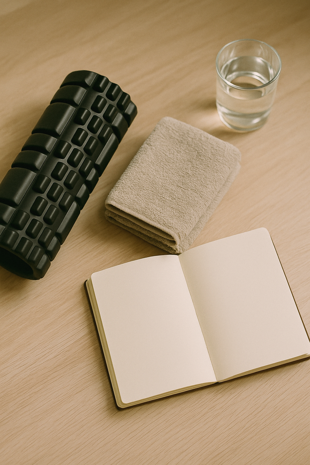 A workout journal open to a log with weekly entries, a water bottle beside it, light athletic shoes resting flat next to the journal. Warm natural light, soft neutral background. No faces, no hands, no logos.