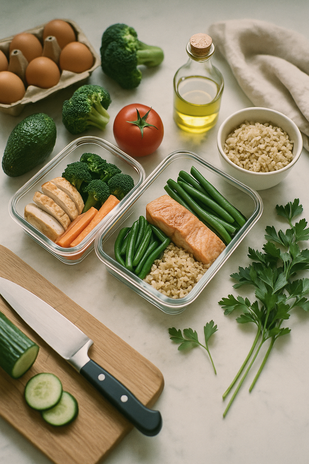 A simple post-workout meal laid out on a kitchen counter: a bowl with grilled chicken, rice, and steamed vegetables alongside a glass of water. Neutral background, natural light, no faces, no hands, no logos.