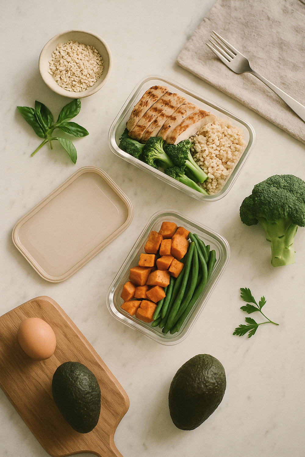A flat-lay of whole foods commonly used for post-workout nutrition: eggs, Greek yogurt, a banana, nuts, and a water bottle arranged on a wooden surface. Natural light, no faces, no hands, no logos.