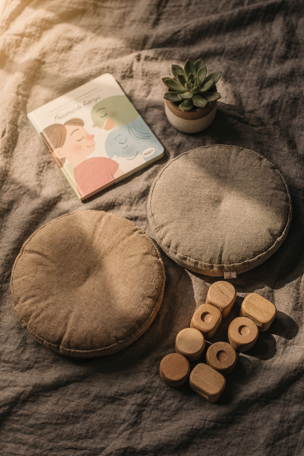 Two small meditation cushions (one adult-sized, one child-sized), a children's picture book about feelings, a small potted succulent, a set of wooden breathing blocks. , no faces, no hands