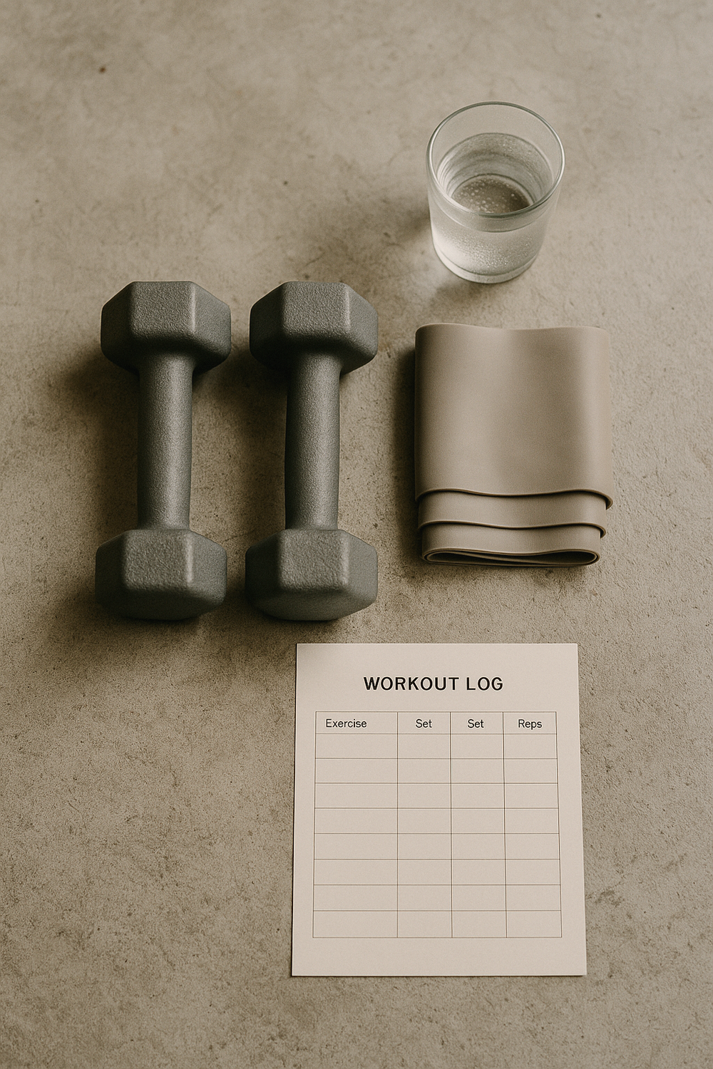 A set of medium dumbbells resting on a folded gym towel, a spiral notebook open to a page with sets and reps written down, a glass of water. Clean natural light, calm composition. No faces, no hands, no logos.