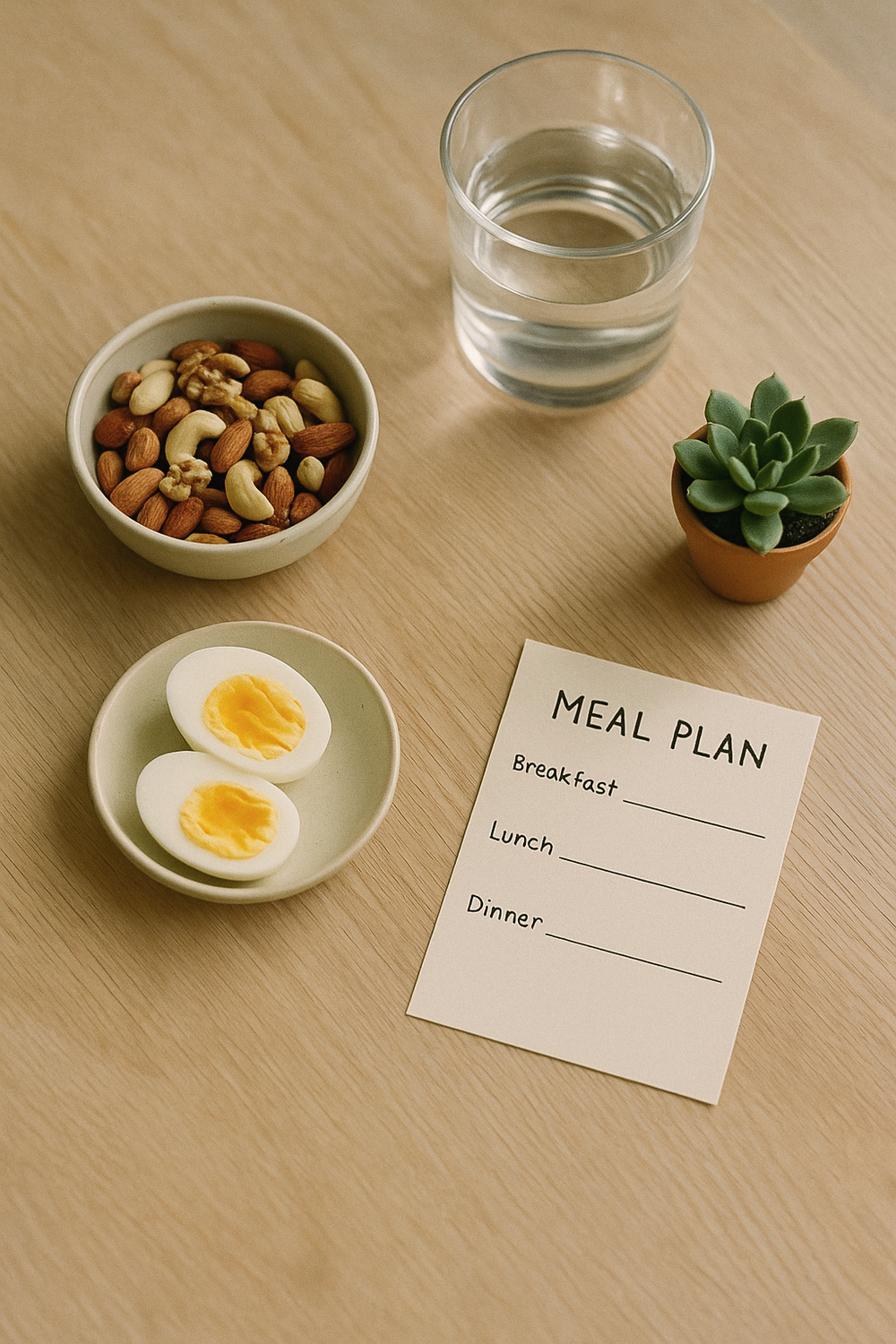 A small bowl of mixed nuts, a hard-boiled egg halved on a small plate, a glass of water, a handwritten meal plan card with simple text lines. Warm natural light, simple and clean. No faces, no hands, no brand text, no logos.