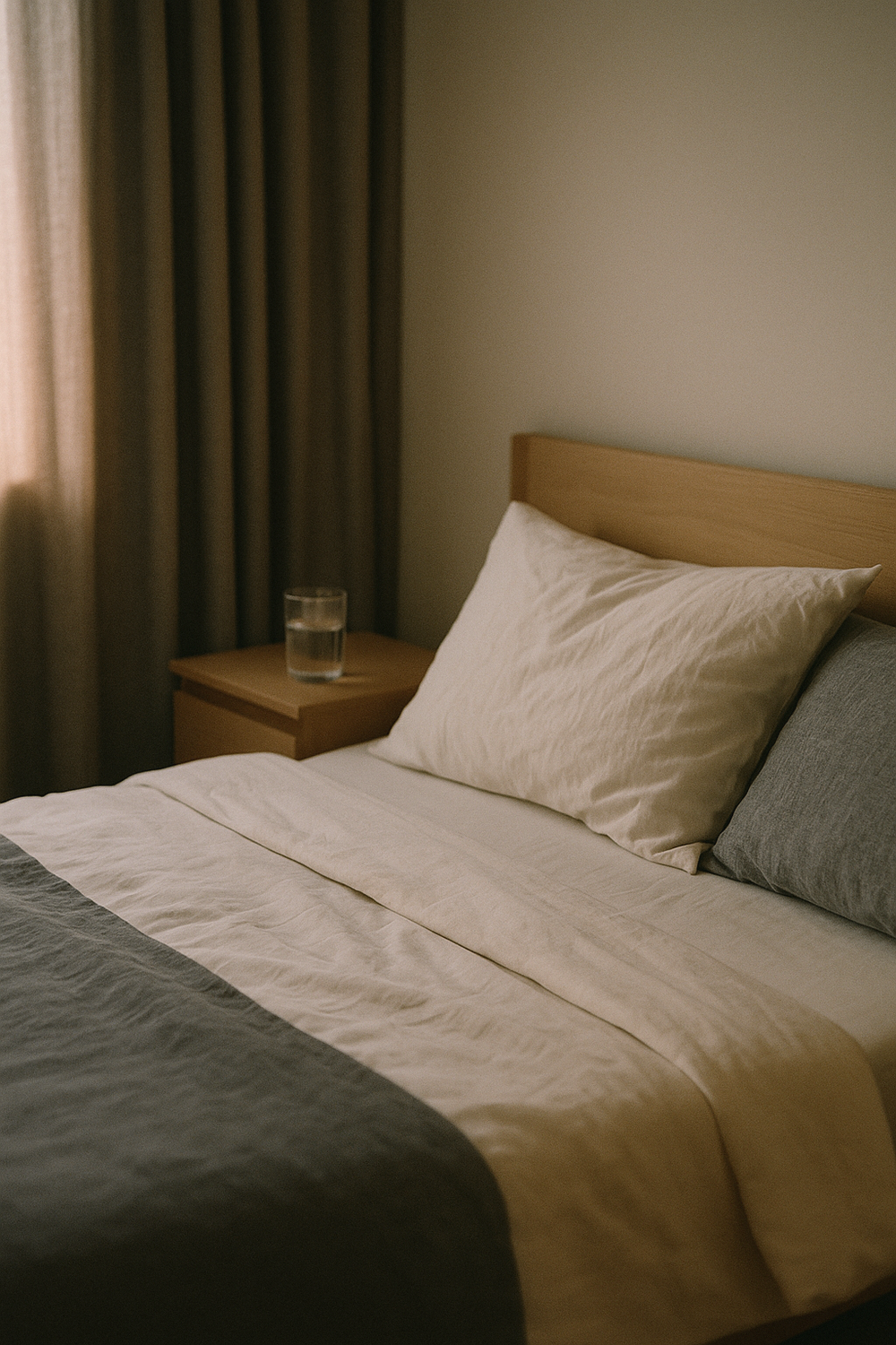 Neatly made bed with white and grey linen, a glass of water on the nightstand, and soft warm evening light through closed curtains