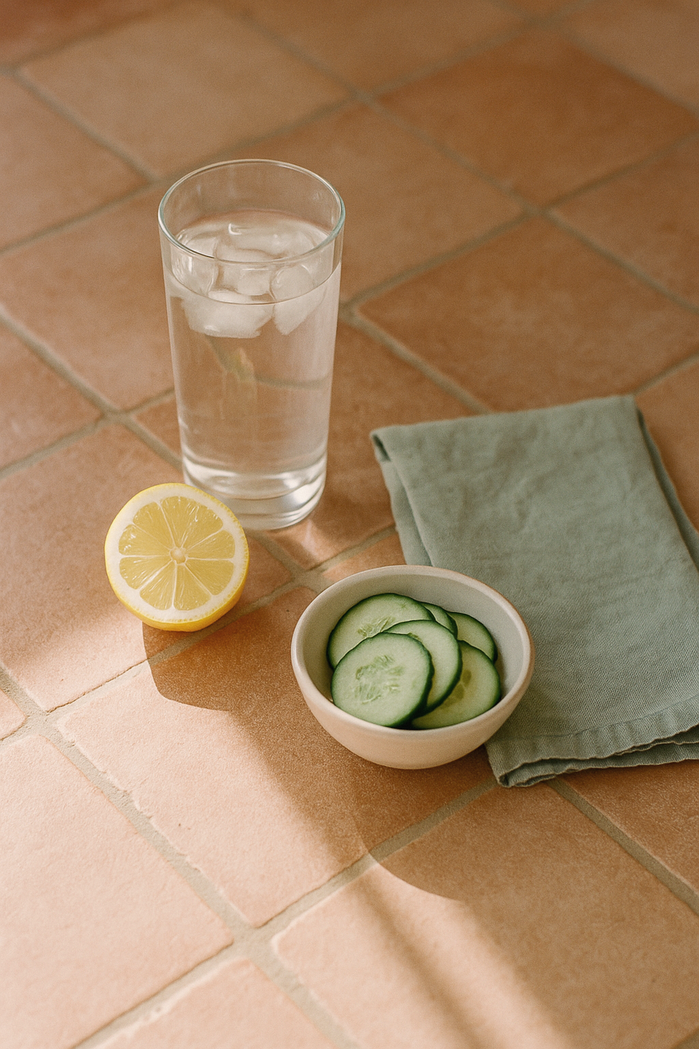 Overhead flat lay of a tall glass of water with ice, halved lemon, cucumber slices, and a sage green cloth napkin on terracotta tile