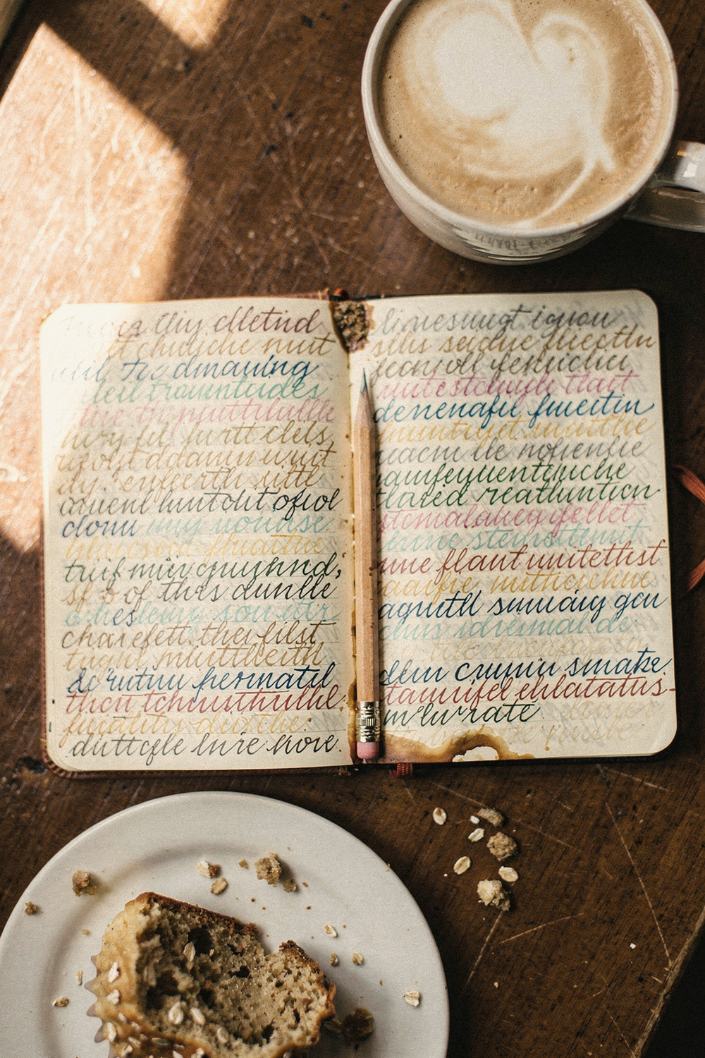 Open notebook with food entries in colored ink, a flat white, and a partially eaten muffin on a cafe table