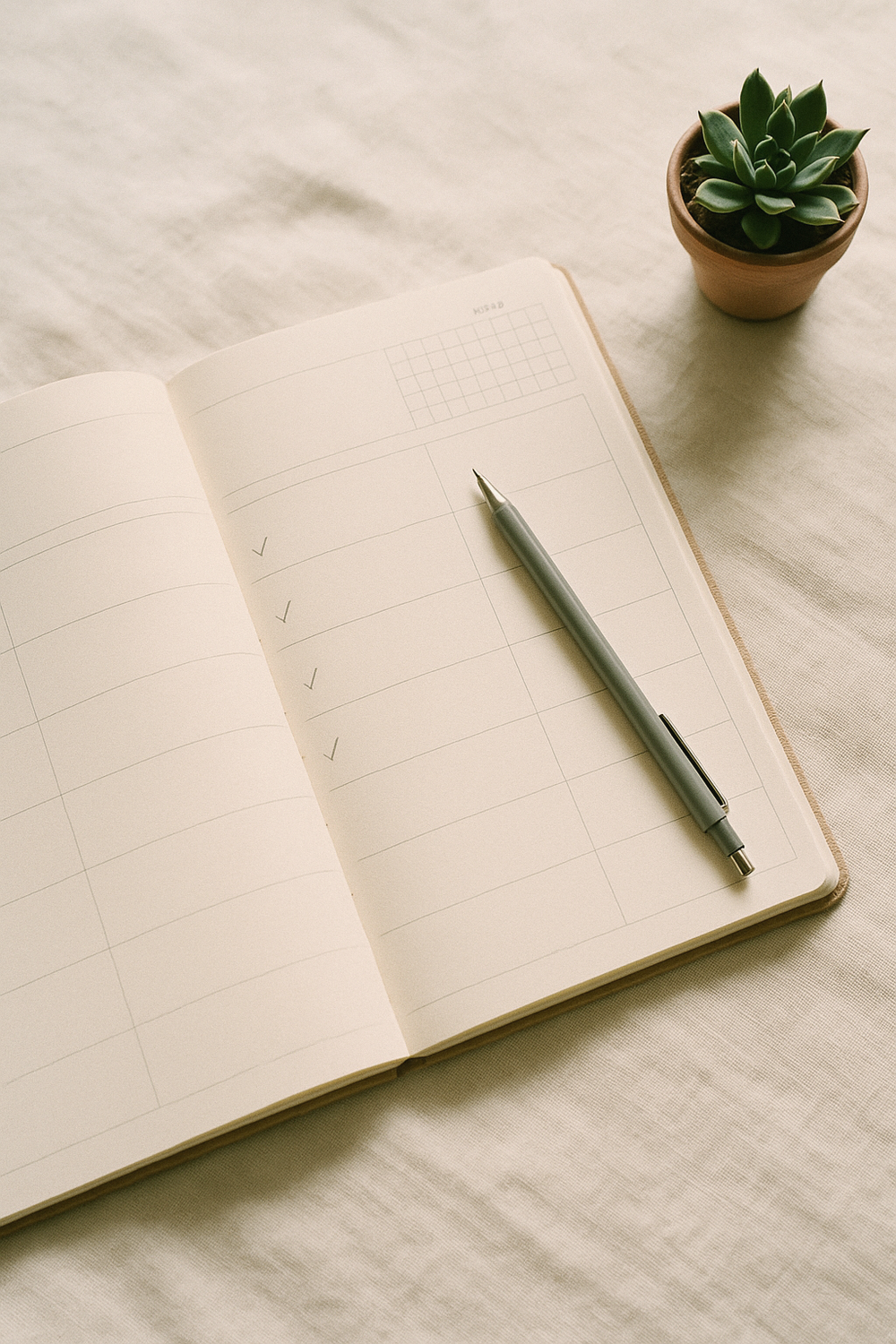 An open weekly planner with workout days circled in pencil, a water bottle, and a folded towel on a desk. No faces, no hands.