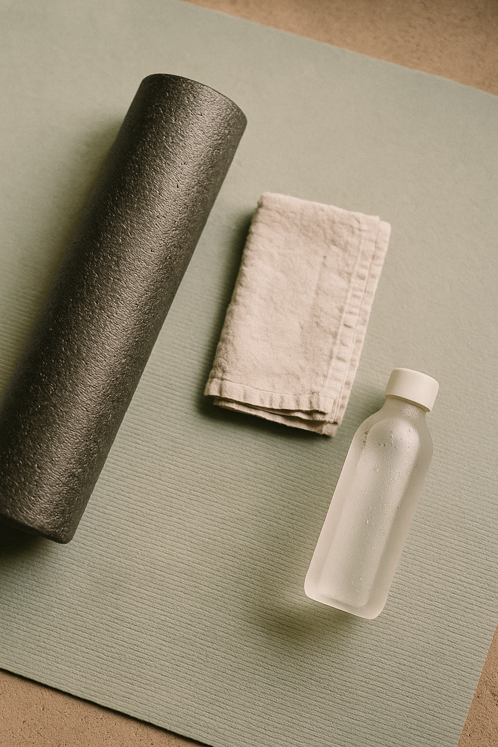 A foam roller and folded towel resting on a sage green yoga mat with a water bottle beside them. No faces, no hands.