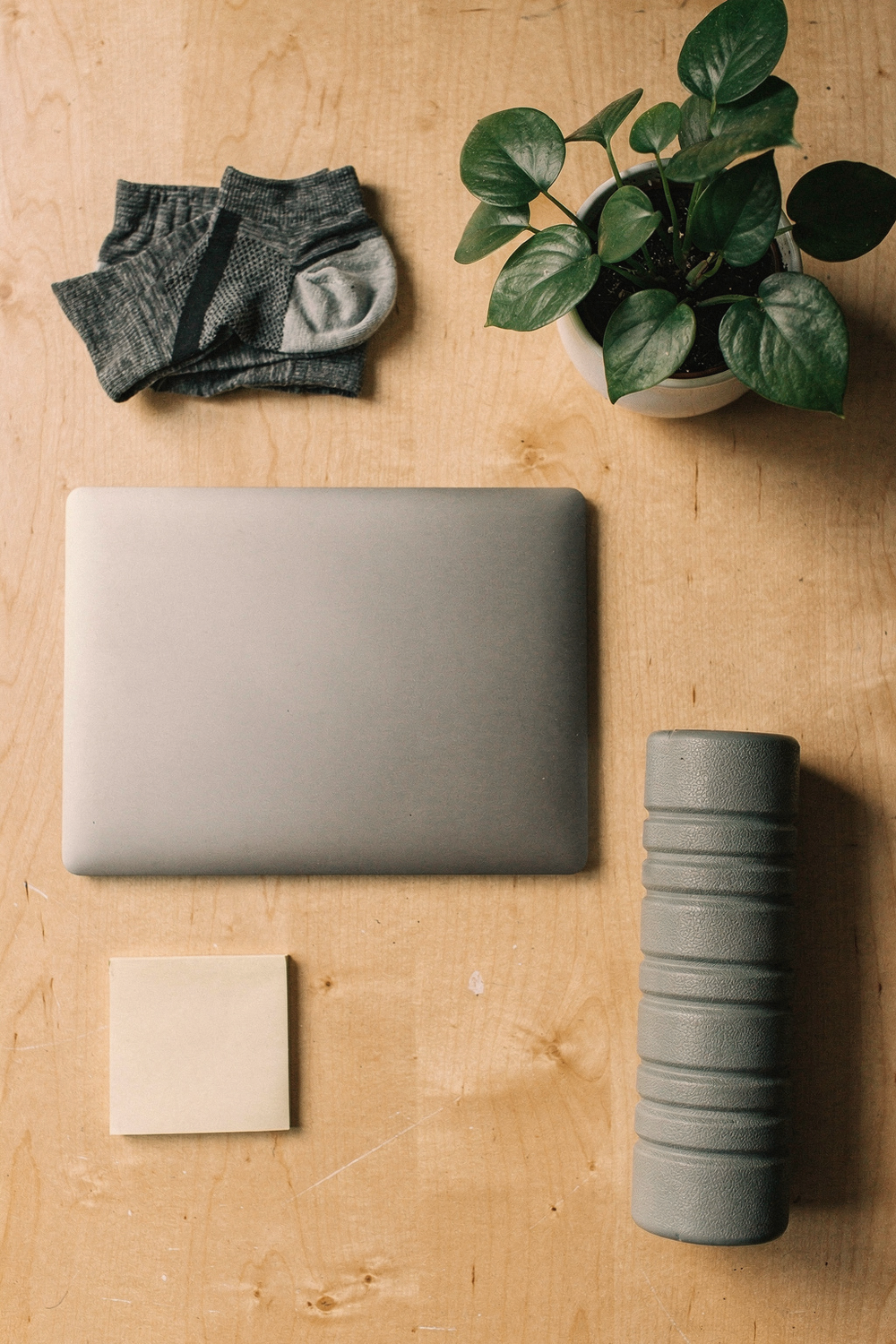 A laptop closed, a small desk plant, a foam roller, a sticky note pad, a pair of compression socks folded neatly. , no faces, no hands