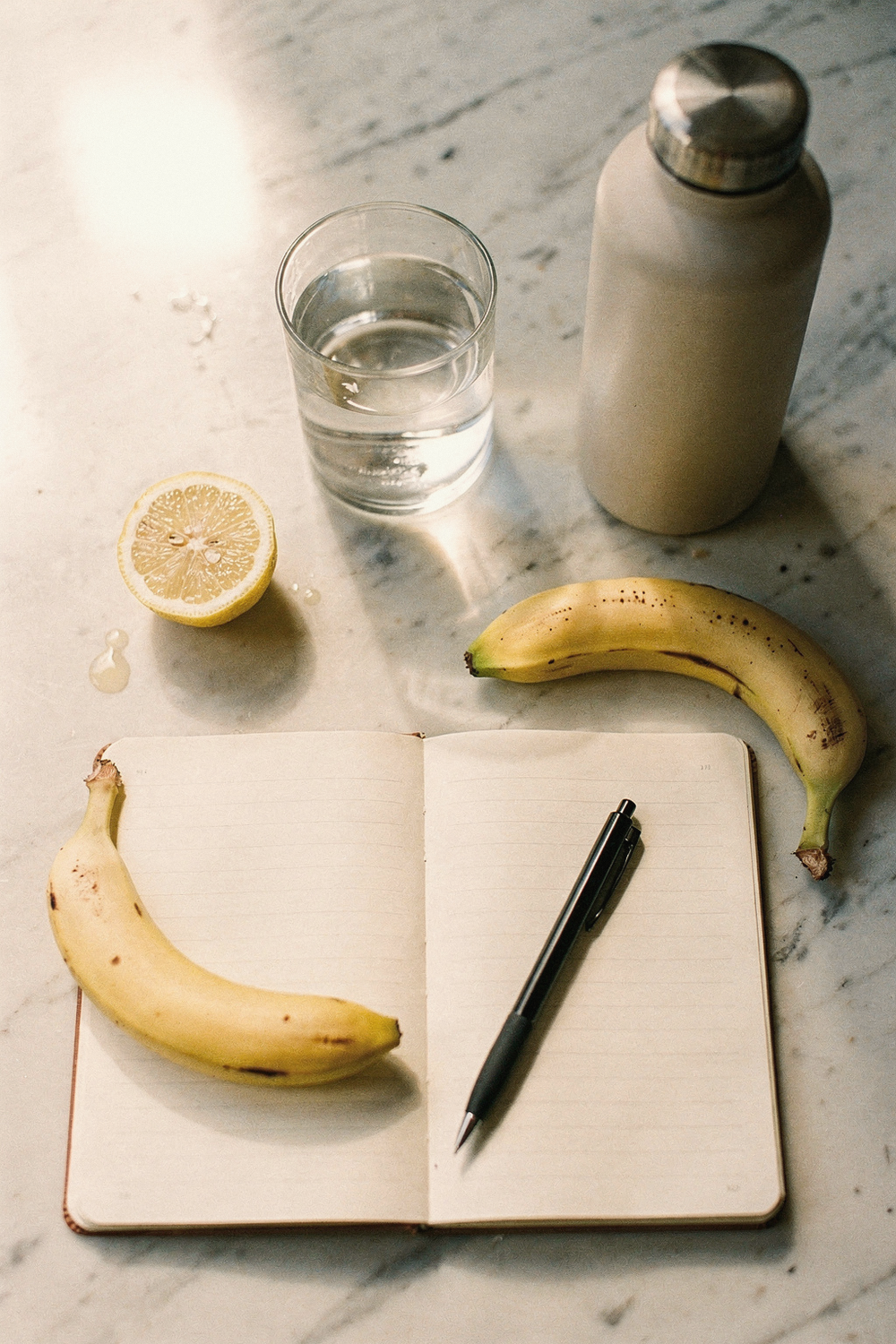 A clear glass of water, a simple lined notebook open with a pen, a lemon half, a plain banana, a reusable water bottle. Fresh, simple, approachable. , no faces, no hands
