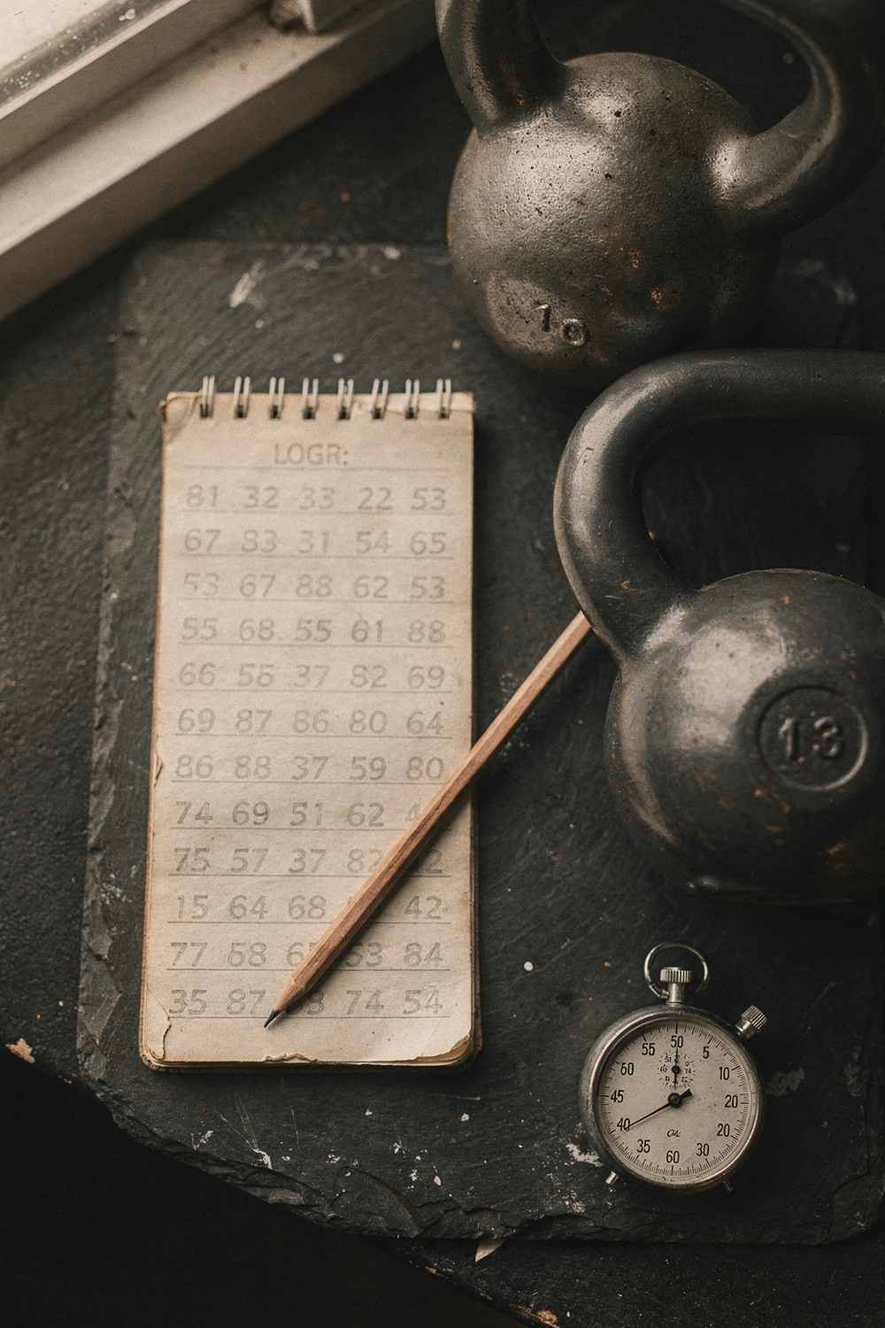 A workout log open to a page with repeated numbers, a pencil, two different-sized kettlebells, and a stopwatch. , no faces, no hands