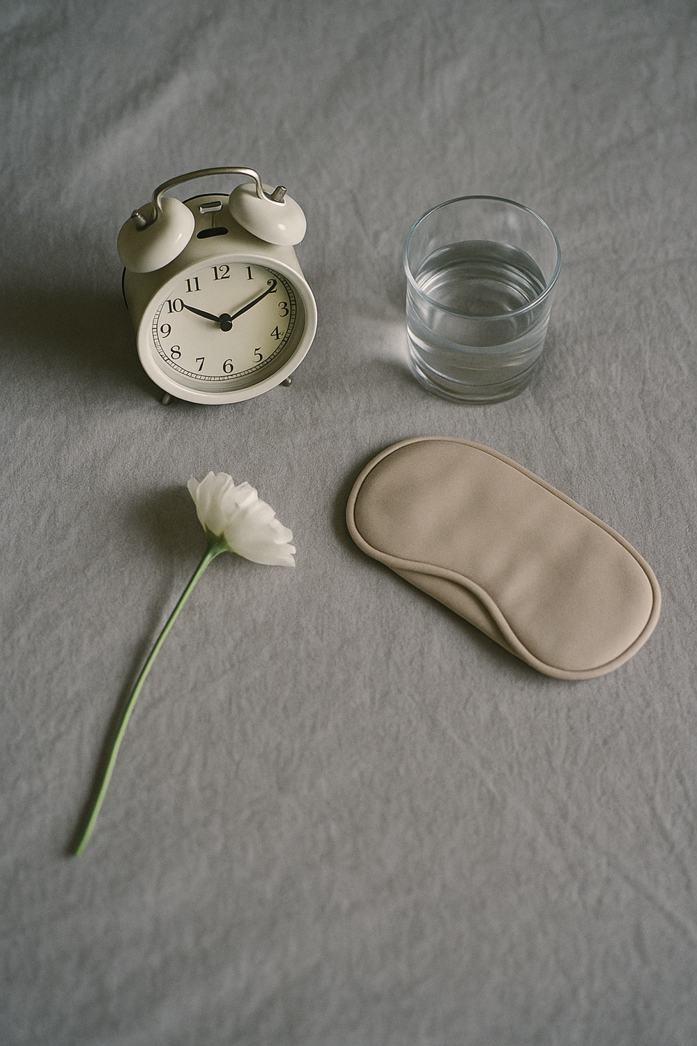 A small analog alarm clock showing 7am, a half-empty glass of water, a sleep mask folded neatly, a single white flower stem. Still, quiet, understated. No text, no logos, no faces, no hands