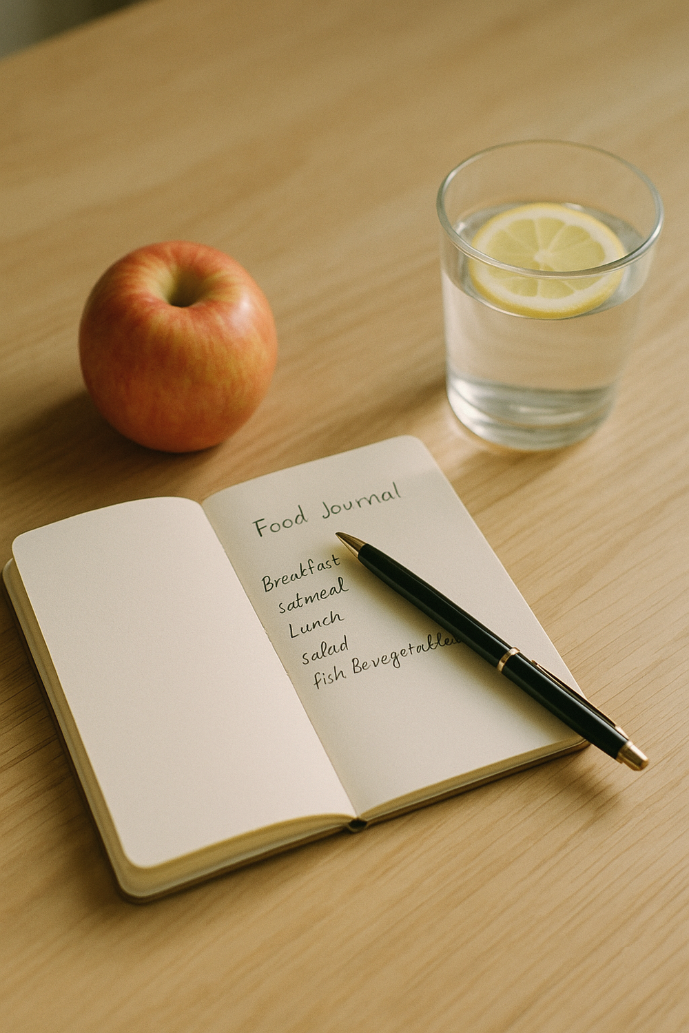 A small open food journal with simple handwritten notes, a piece of fruit, a glass of water with lemon, a pen resting across the page. Simple, honest, everyday. No text, no logos, no faces, no hands