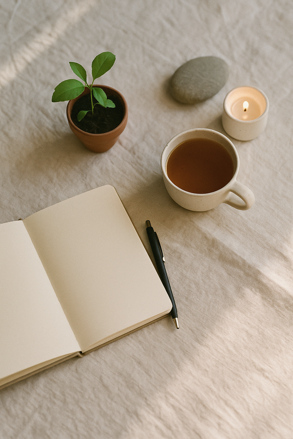 A rumpled pillow on a bed in morning light, a glass of water on a bedside table, a phone face-down. Quiet, tired, everyday. No text, no logos, no faces, no hands