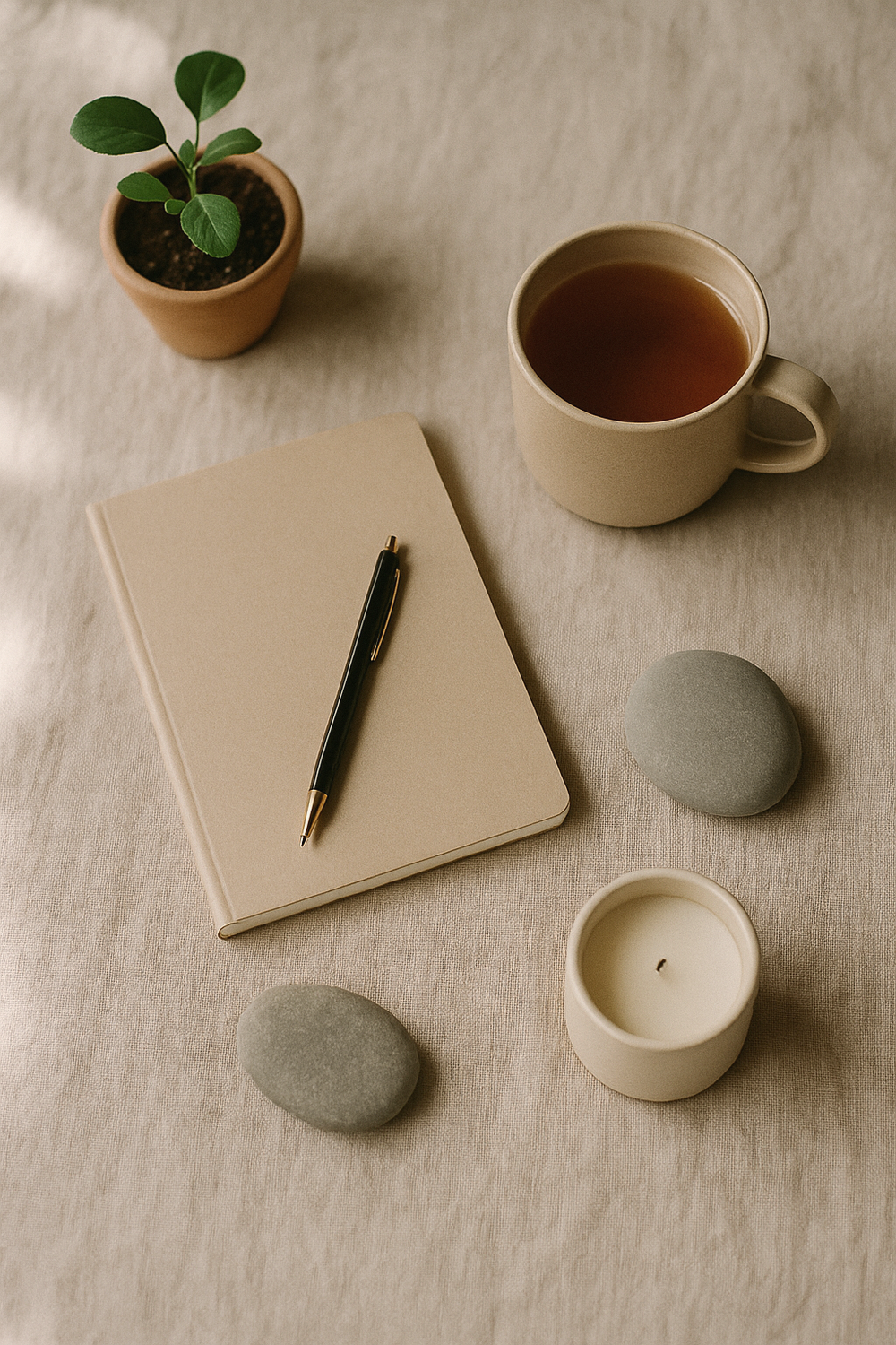 A simple kitchen counter with an untouched cup of tea, a small plant, afternoon light coming through a window. Still, quiet, a moment of pause in a busy day. No text, no logos, no faces, no hands