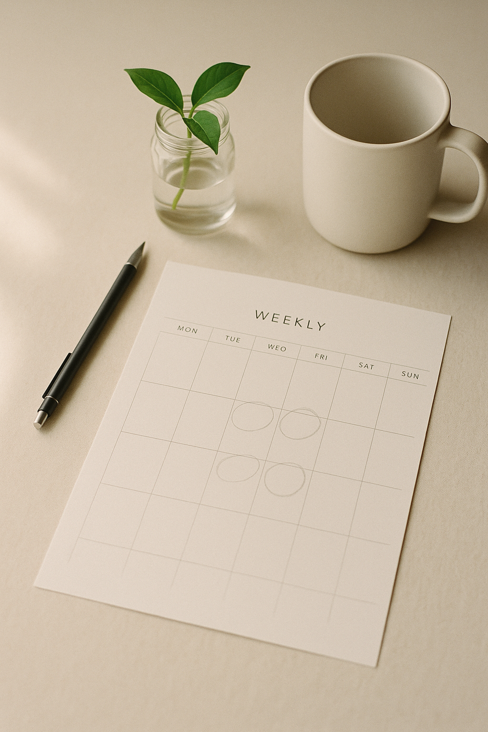 Overhead flat lay of a weekly planner open on a light wooden desk with a pen resting across it, a small potted succulent in the corner, and a glass of water nearby. Soft natural light. No faces, no hands, no text overlays, no logos.