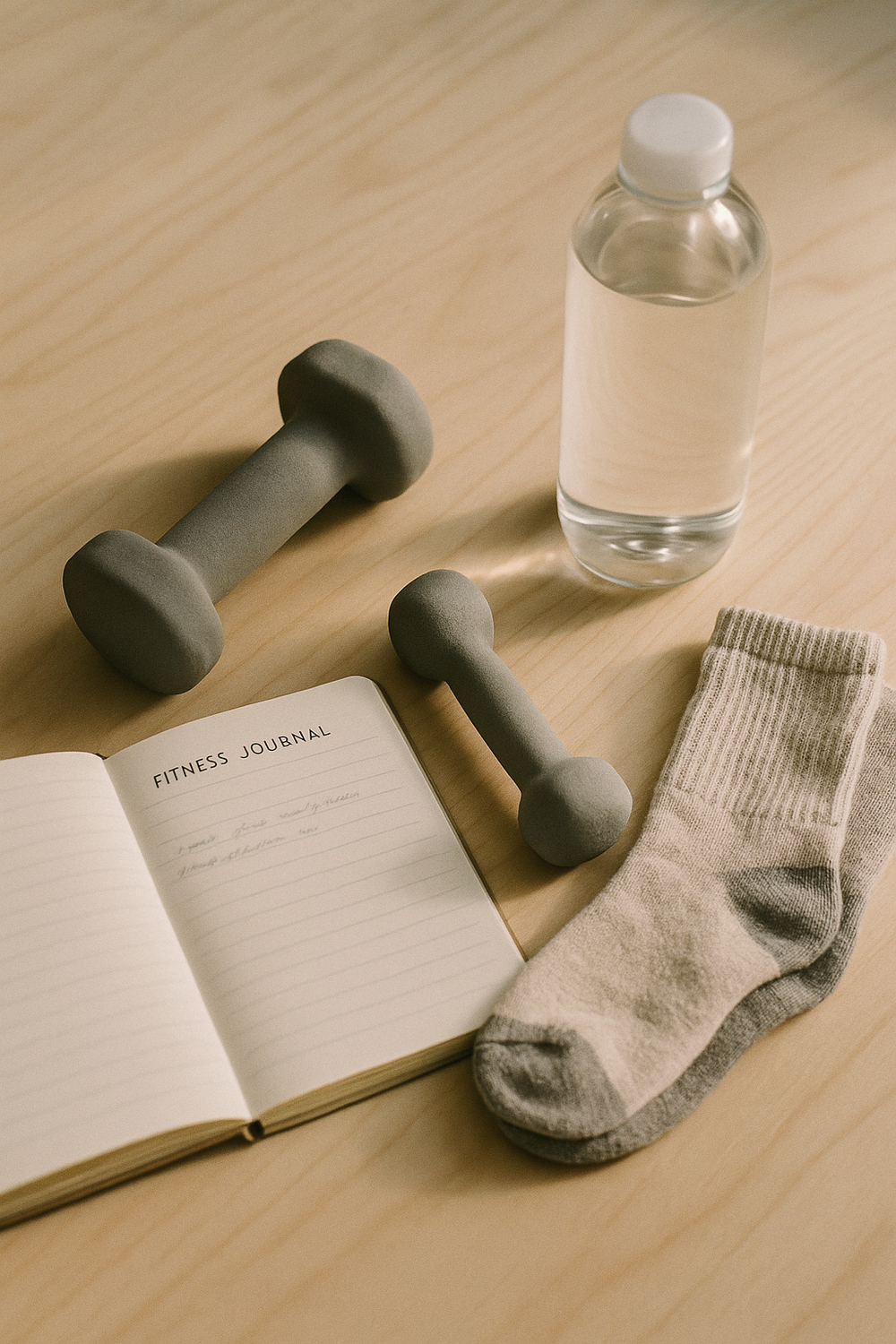 A fitness journal open to a page with handwritten notes, beside a water bottle, a small pair of earbuds, and a lightweight dumbbell on a clean light surface. Calm overhead perspective with soft natural light. No faces, no hands, no text overlays, no logos.