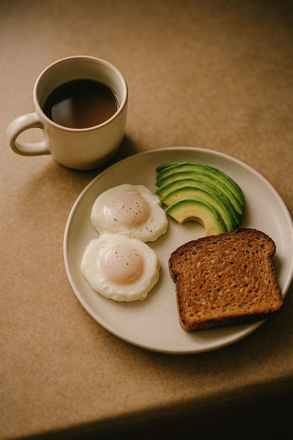 A half-full coffee cup beside a plate with eggs, avocado, and whole grain toast. , no text, no logos