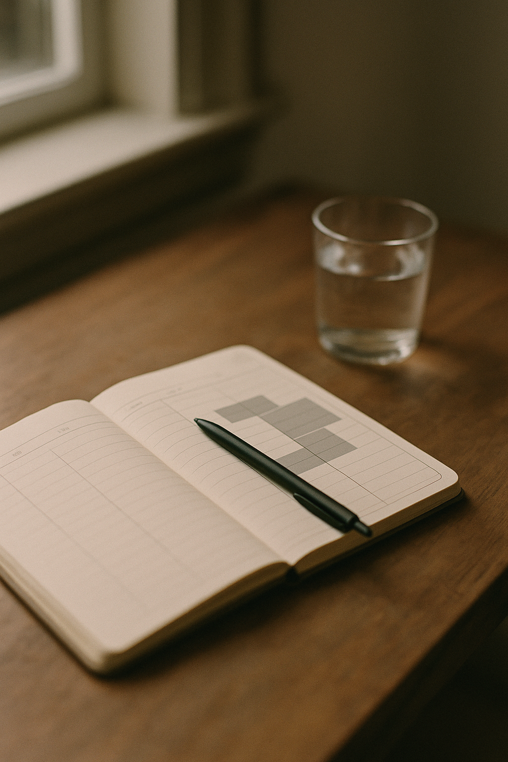 An open planner with a few blocked time sections, a pen resting on it, and a glass of water. , no text, no logos