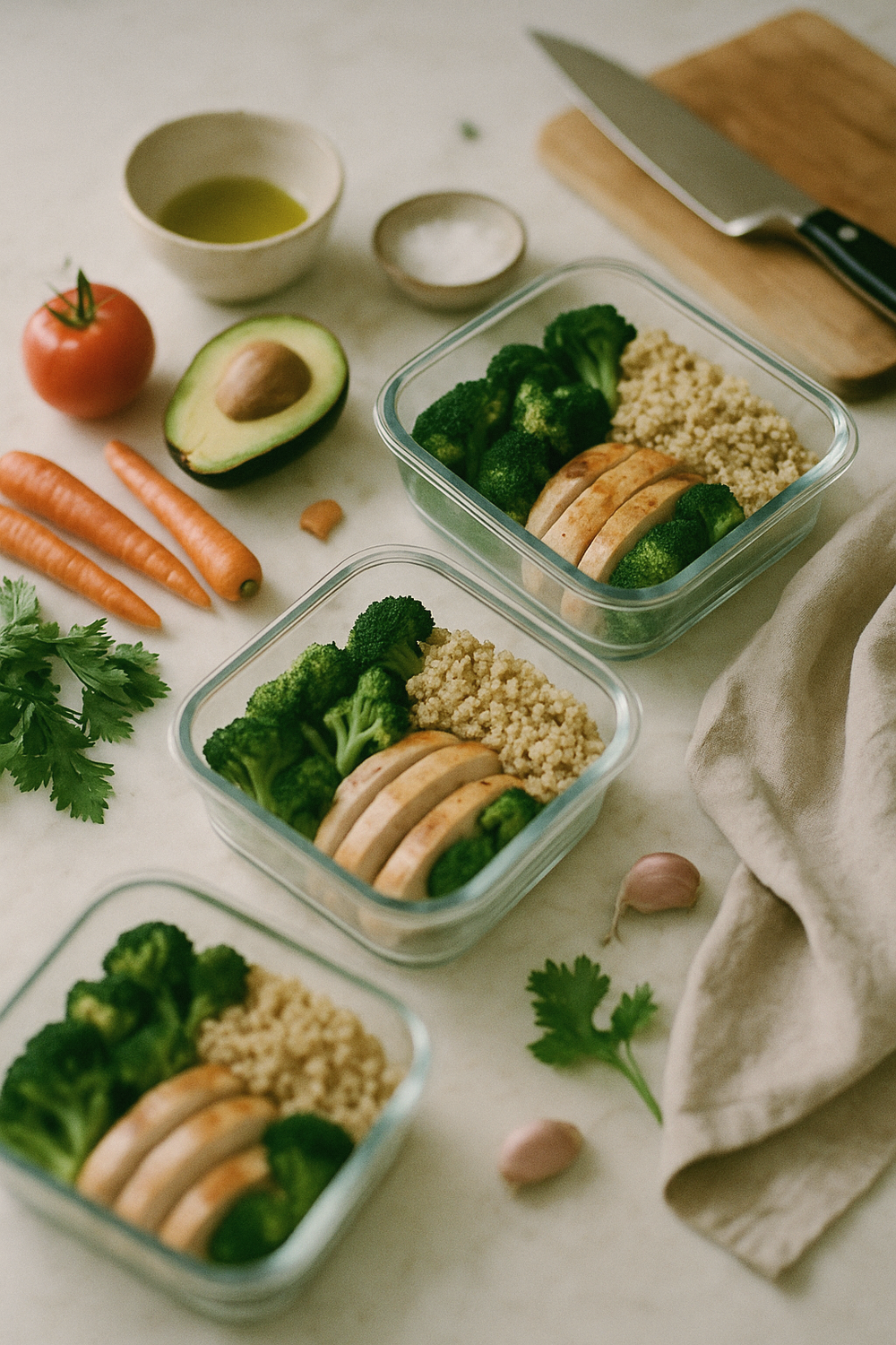 A small notebook open to a handwritten list of quick meal options beside a kitchen counter with a few pantry staples arranged neatly. Warm natural light, clean surface, no faces or hands visible.