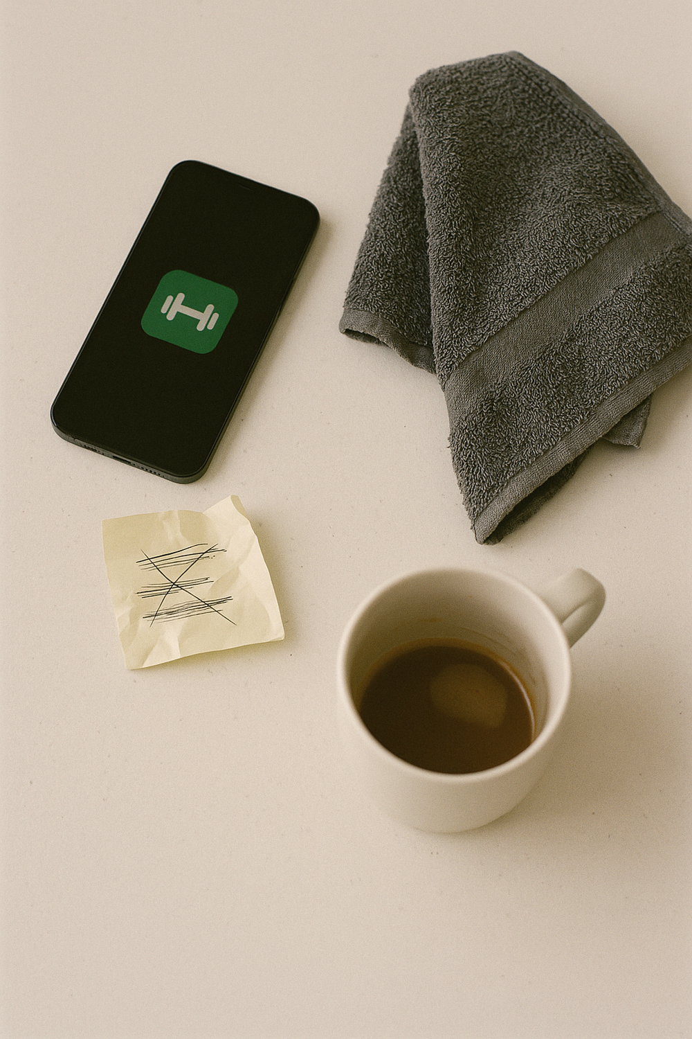 A closed fitness app on a phone screen face-down, a crumpled sticky note with a crossed-out to-do list, a half-drunk coffee mug, and a folded gym towel