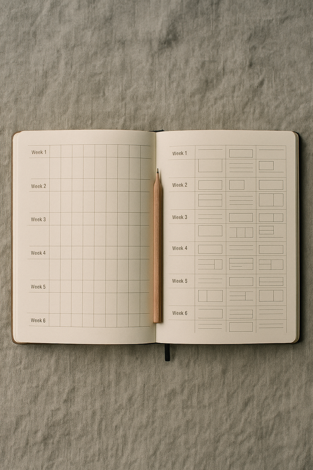 Two open journals side by side, one with the same weekly routine repeated across 6 weeks, the other showing a different and more complex plan each week. A pencil rests between them. , no logos or text visible on journals