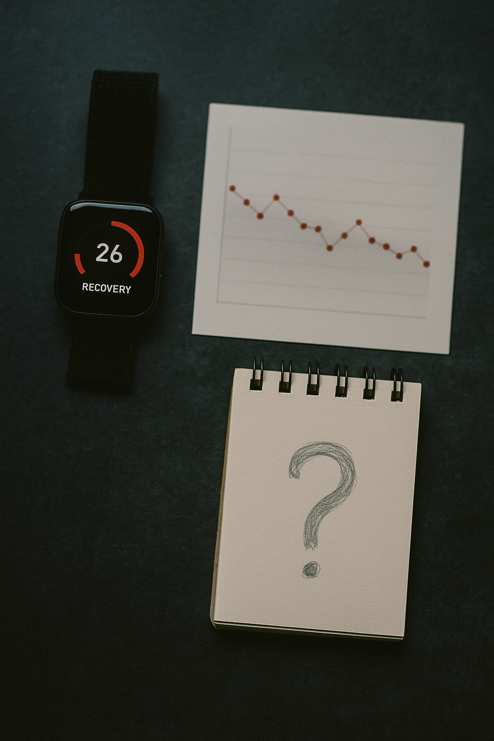 A smartwatch showing a low recovery score (no brand visible, generic display), a printed chart with red indicators, and a blank notepad with a question mark sketched on it