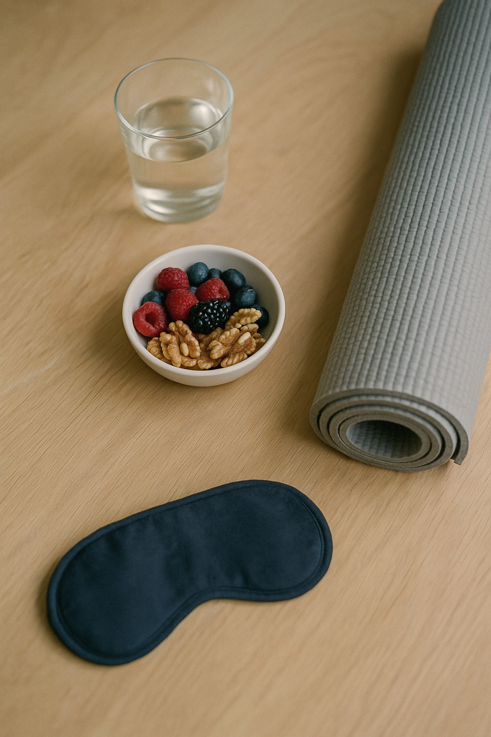 A full glass of water, a small bowl with anti-inflammatory foods (berries, walnuts), a rolled yoga mat, and a sleep mask. , no devices