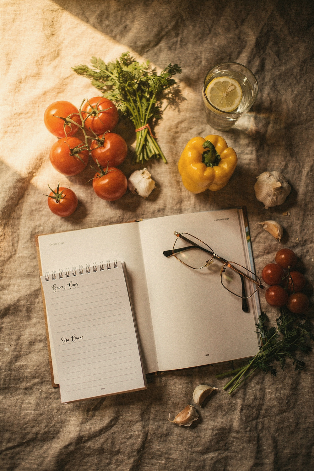 An open cookbook, a grocery list on a notepad, a handful of colorful vegetables, a glass of water with lemon, and reading glasses