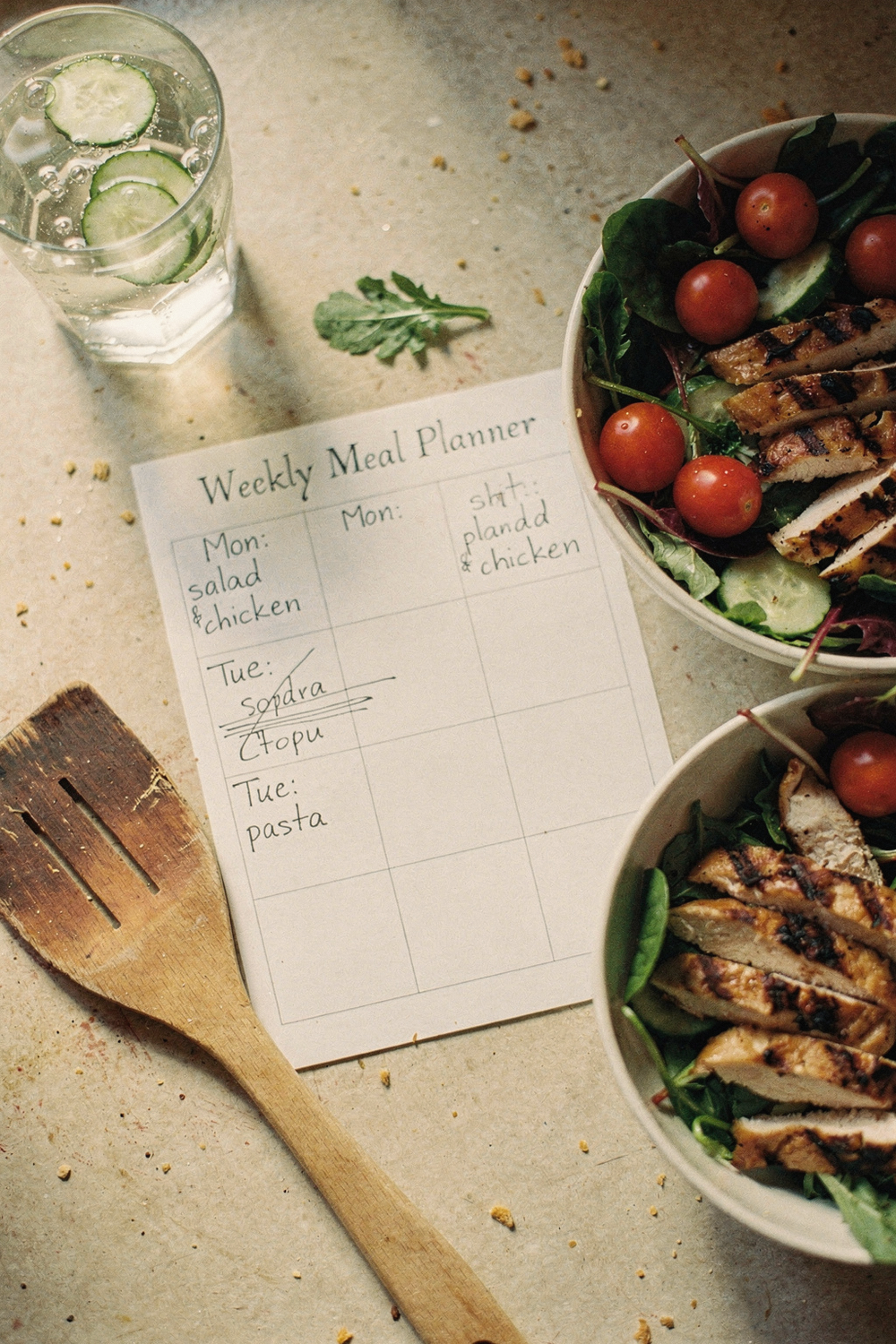 Weekly meal planner with handwritten entries, a salad bowl, and a glass of cucumber water on a kitchen counter