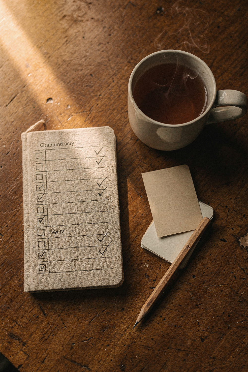 A daily planner open to a checked-off week, a mug of tea, a gratitude journal, a small stack of index cards, and a pencil