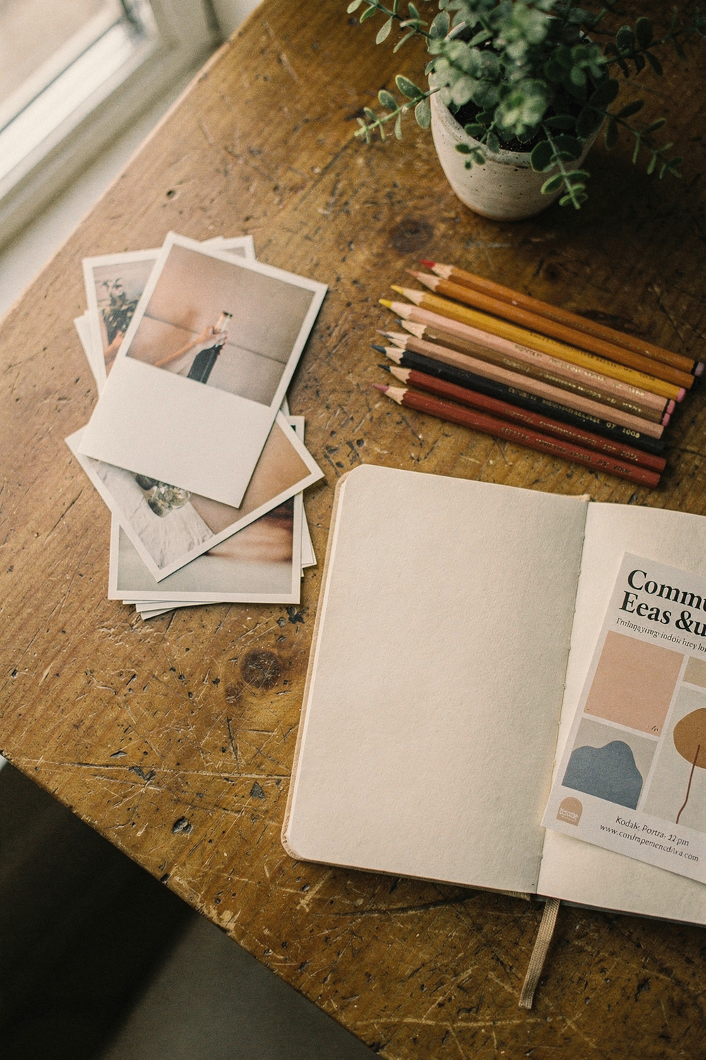 A progress photo face-down on one side, an open wellness journal on the other, colored pencils for creative expression, a community event flyer, and a small potted plant. , no faces, no hands
