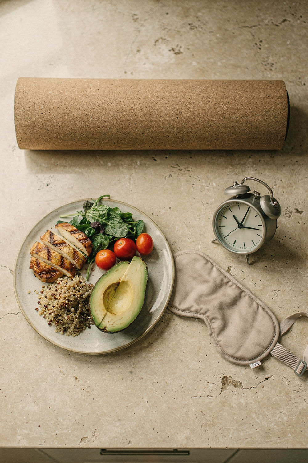 A balanced plate of simple whole foods, a rolled yoga mat at the edge of the frame, and a folded sleep mask beside a small alarm clock. 35mm lens. , no text, no logos