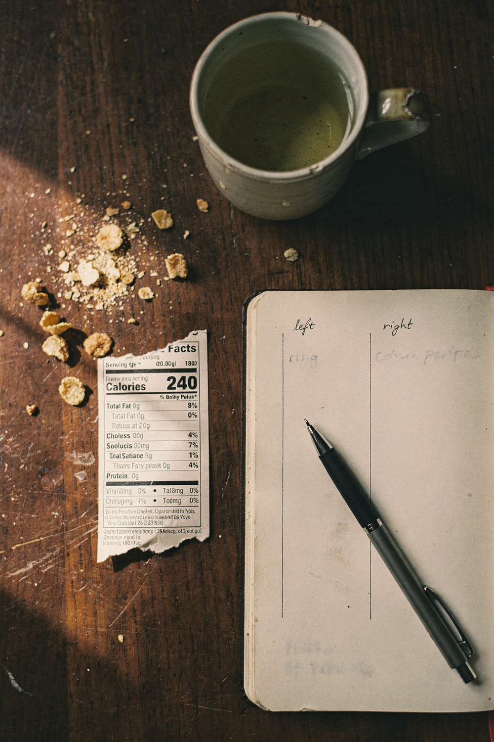 Torn nutrition label, an open notebook with two columns, a pen, and a mug of green tea on a walnut table