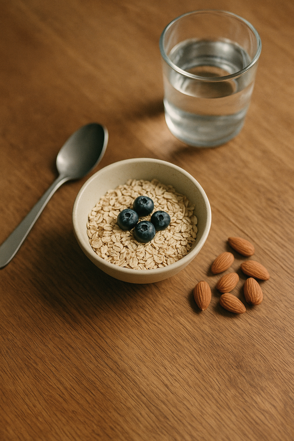 A small bowl of oats with a few blueberries, a glass of water, a spoon, a handful of almonds beside the bowl. No text, no logos, no faces, no hands