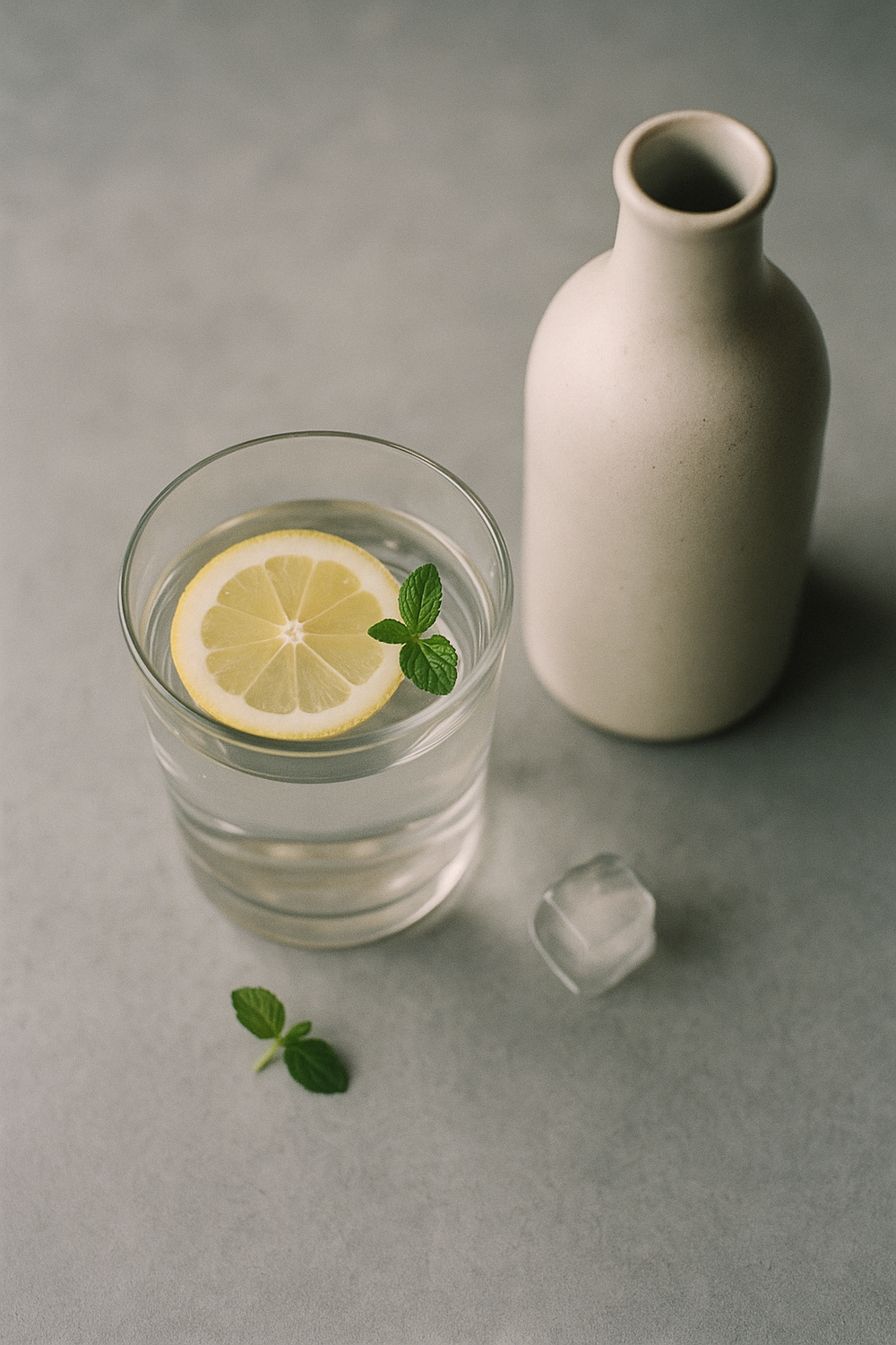 A large glass of water with a lemon slice, a small sprig of mint, a simple ceramic water bottle beside it, a single ice cube visible. No text, no logos, no faces, no hands