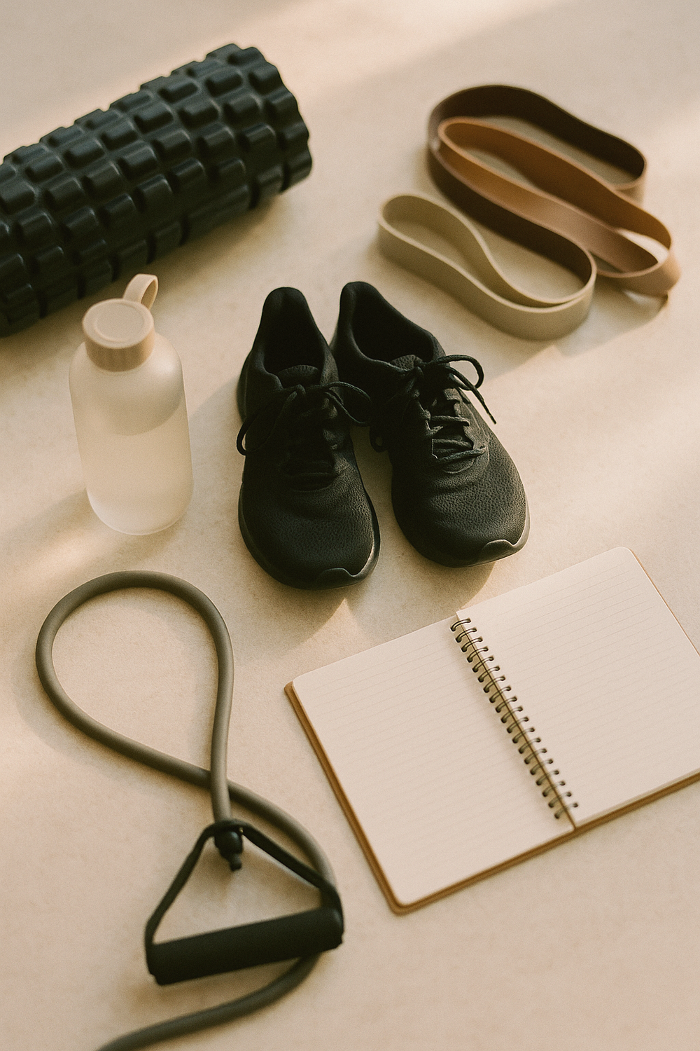 Overhead flat lay of an open journal with a few handwritten lines, a small plant, a pen, and a warm cup of tea on a light wood surface - no text visible, no logos