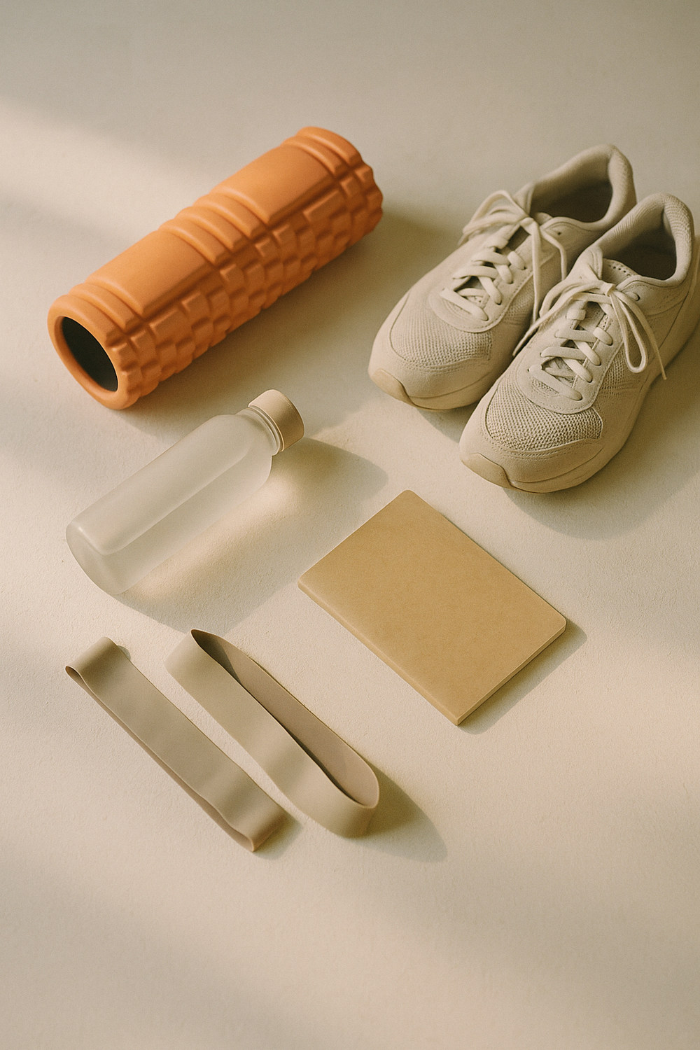 Calm bedroom scene with a yoga mat rolled out near a window, a small water bottle, and a folded blanket beside it in soft natural light - no text, no logos
