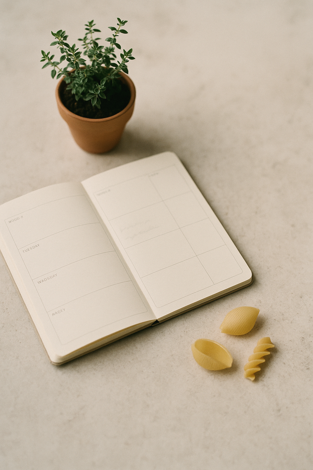 A simple open notebook with a week grid and a few handwritten words (not readable), a small potted herb at the corner, and three dried pasta shapes arranged loosely beside it. , no text, no logos