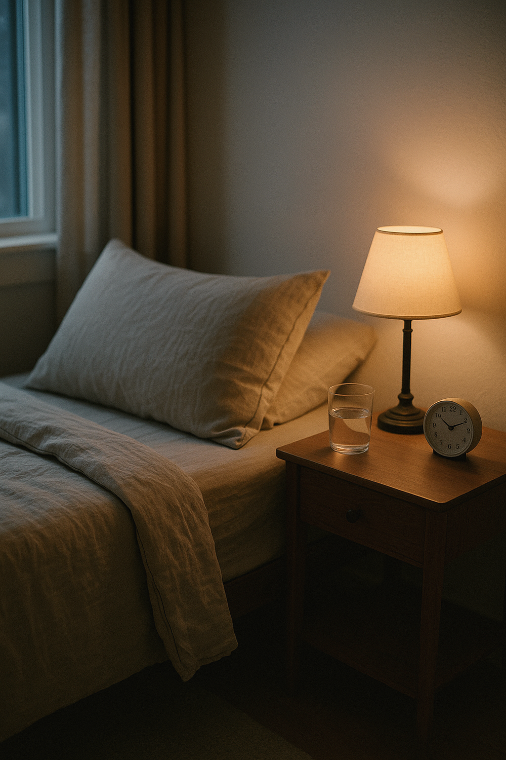 Calm bedroom at dusk with a glass of water on the nightstand and soft amber lamp light - no people