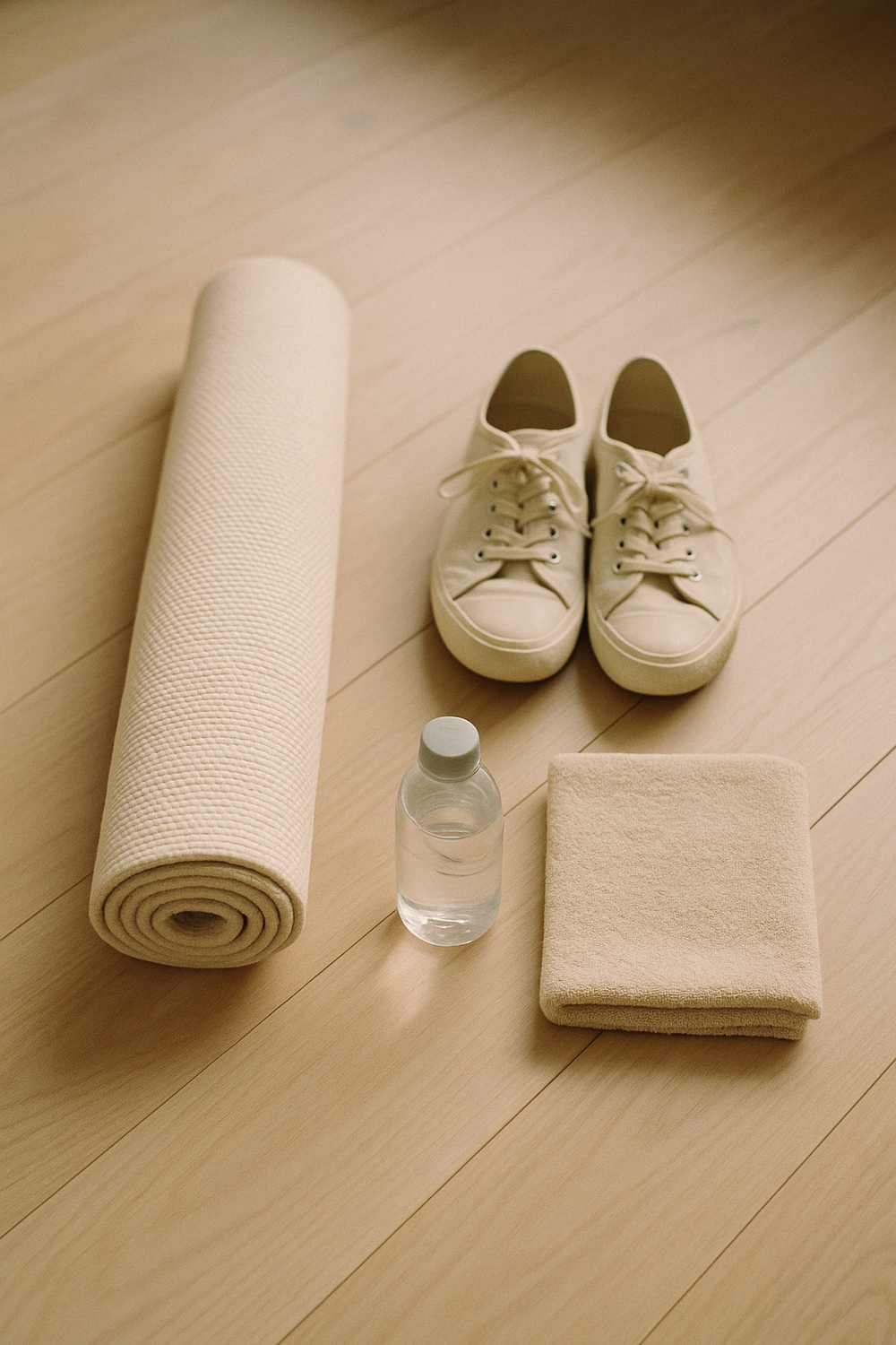 Rolled yoga mat and canvas sneakers on a light wood floor beside a water bottle - overhead flat lay