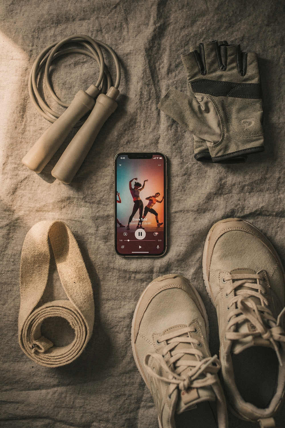 A jump rope, a pair of cycling gloves, a dance playlist on a phone screen, a yoga strap, and walking shoes. , no faces, no hands