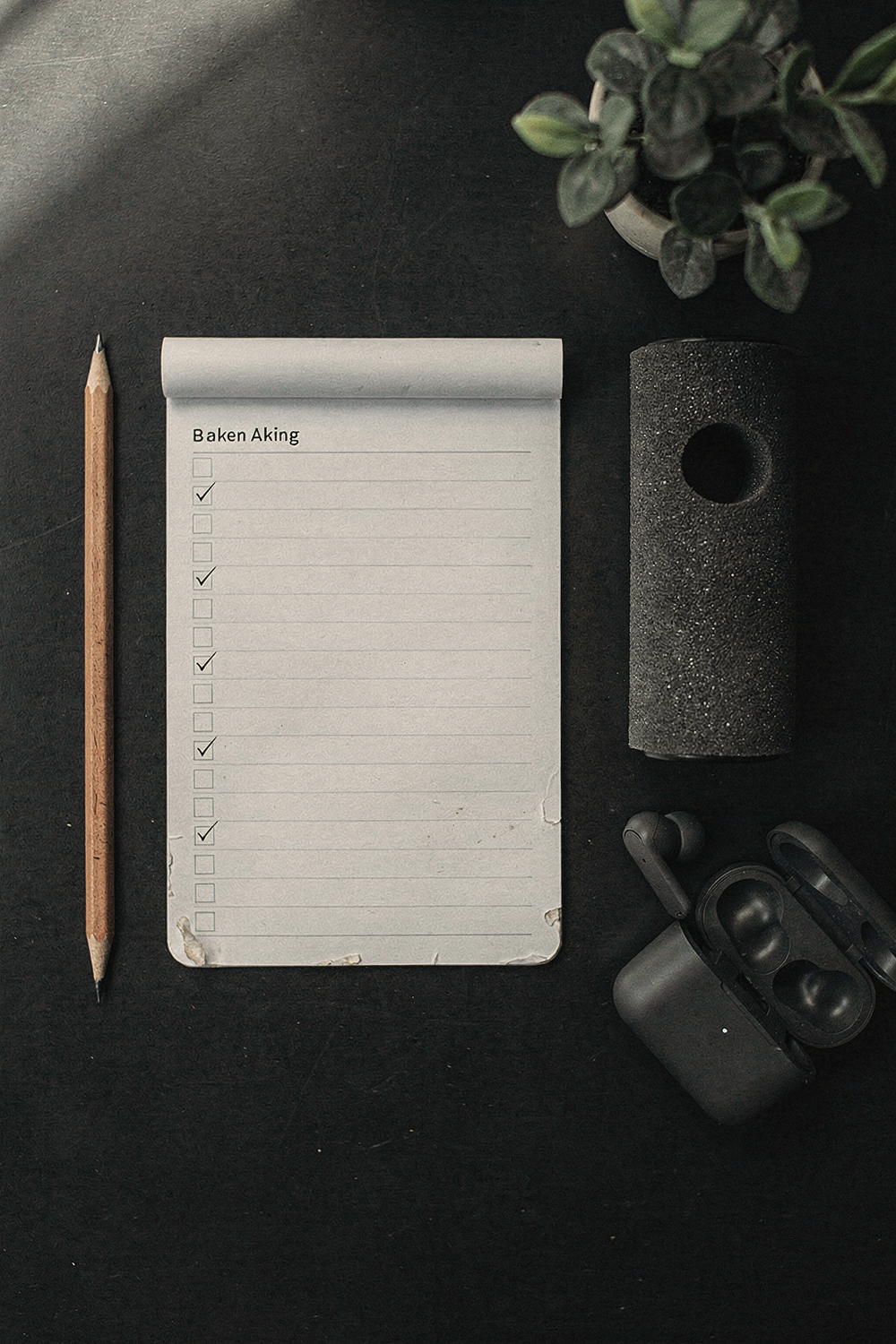 A weekly planner with checkmarks, a pencil, a foam roller, a pair of earbuds, and a small plant. , no faces, no hands