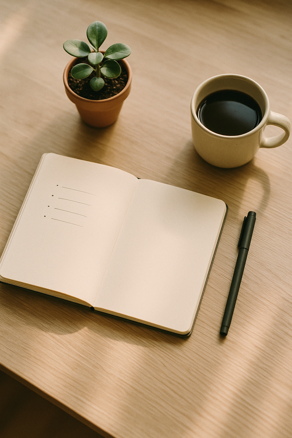 An open journal with a short list written on the left page, a fine-tip pen, a small potted plant, a cup of black coffee. No text, no logos, no faces, no hands