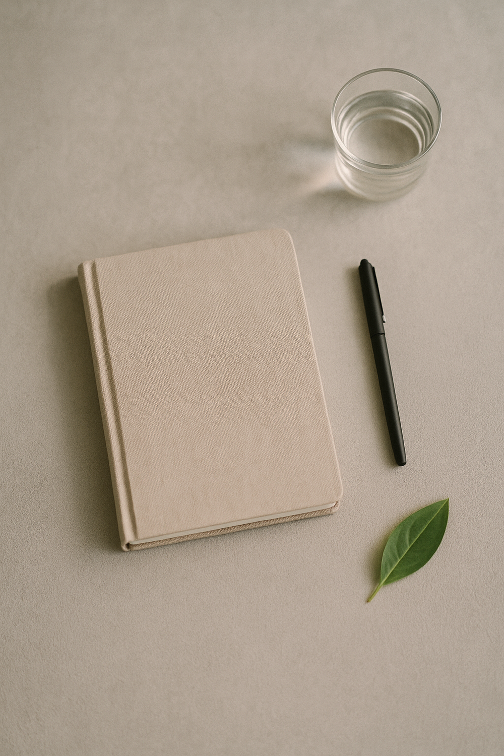 A closed journal being reopened, a fresh pen beside it, a small glass of water, a single green leaf. Quiet, reset, beginning again. No text, no logos, no faces, no hands